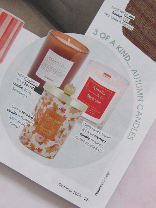 Amalia & Co Maple Lane eco-luxury wood wick candle in glass jar – sustainable autumn home fragrance with maple, caramel and spice.Featured in HomeStyle October Issue