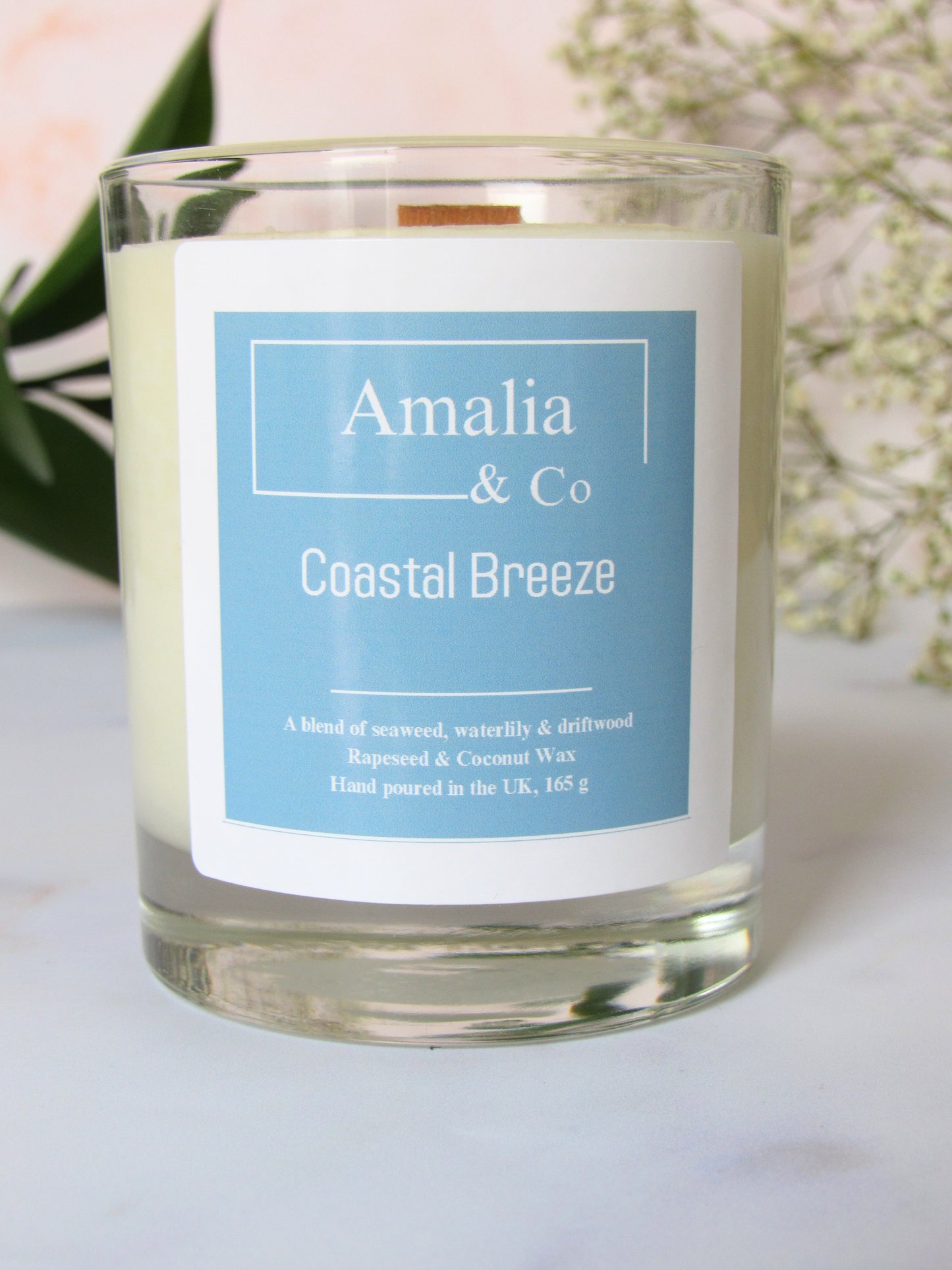 Coastal Breeze scented candle feeling the fresh ocean air, sea salt, and a hint of citrus, made from eco-friendly coconut and rapeseed wax