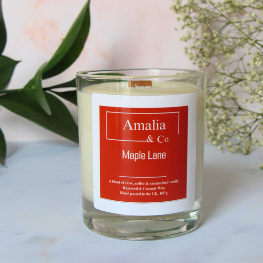 Maple Lane - Handmade Caramel & Cocoa Scented Candle | Eco-Friendly Wood Wick